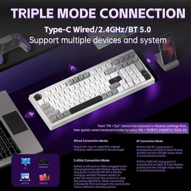 Alt view image 3 of 5 - Wireless Keyboard,98 Keys Silent Computer Keyboards Creamy Color Membrane Keyboard with Number Pad RGB Backlit Rechargeable Quiet Gaming Keyboard for PC Mac Office - K99 Black&White&Grey