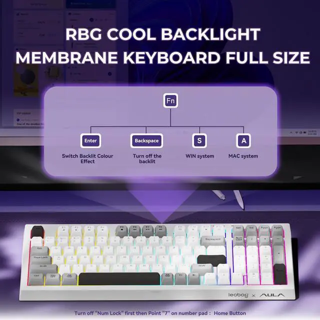Alt view image 4 of 5 - Wireless Keyboard,98 Keys Silent Computer Keyboards Creamy Color Membrane Keyboard with Number Pad RGB Backlit Rechargeable Quiet Gaming Keyboard for PC Mac Office - K99 Black&White&Grey