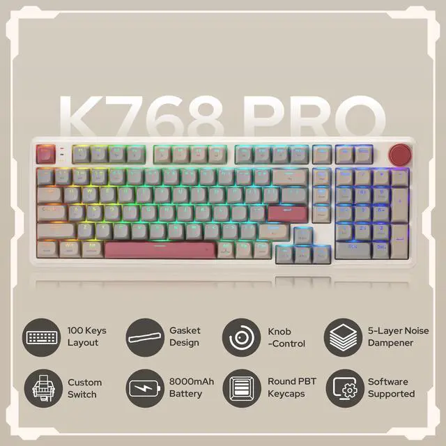 Alt view image 2 of 7 - K768 PRO 100 Keys Wireless Gasket RGB Gaming Keyboard, Massive 8000 mAh PBT Mechanical Keyboard w/Hot-Swap Socket, Dedicated Knob Control & 5-Layer Noise Dampening, Custom Yolk Linear Switch