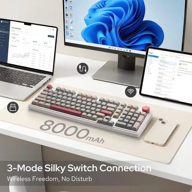 Alt view image 3 of 7 - K768 PRO 100 Keys Wireless Gasket RGB Gaming Keyboard, Massive 8000 mAh PBT Mechanical Keyboard w/Hot-Swap Socket, Dedicated Knob Control & 5-Layer Noise Dampening, Custom Yolk Linear Switch