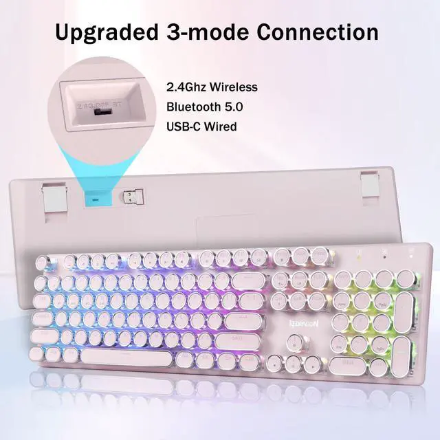 Alt view image 2 of 7 - K710 Wireless Typewriter Mechanical Gaming Keyboard, Bluetooth/2.4Ghz/Wired, RGB Led Backlit, Blue Switch - Clicky, Rechargeable, Solid Metal Panel, Round Keycaps, Pink