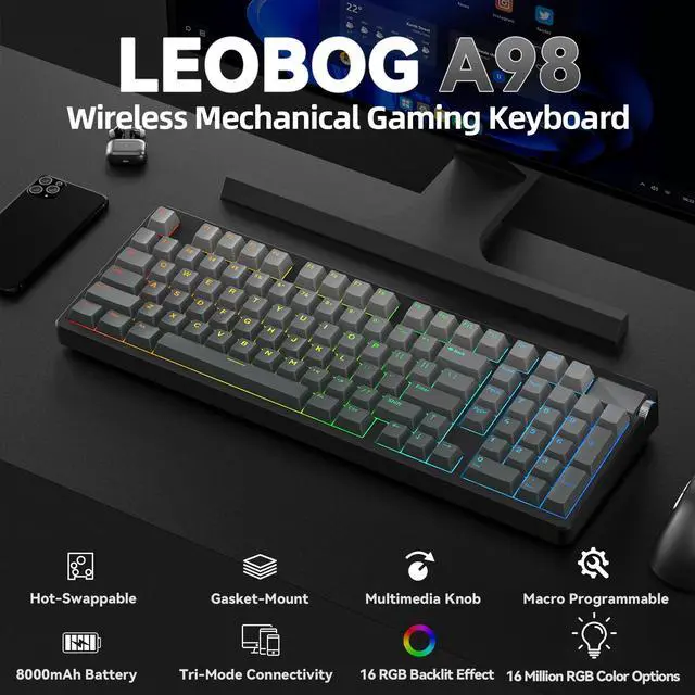 Alt view image 2 of 7 - A98 Wireless Mechanical Keyboard, Tri-Mode BT5.0/2.4GHz/USB-C, Creamy Keyboard with Number Pad, Gasket Structure Hot Swappable, PBT Keycaps, RGB Backlit Black Gaming Keyboard with Knob for PC