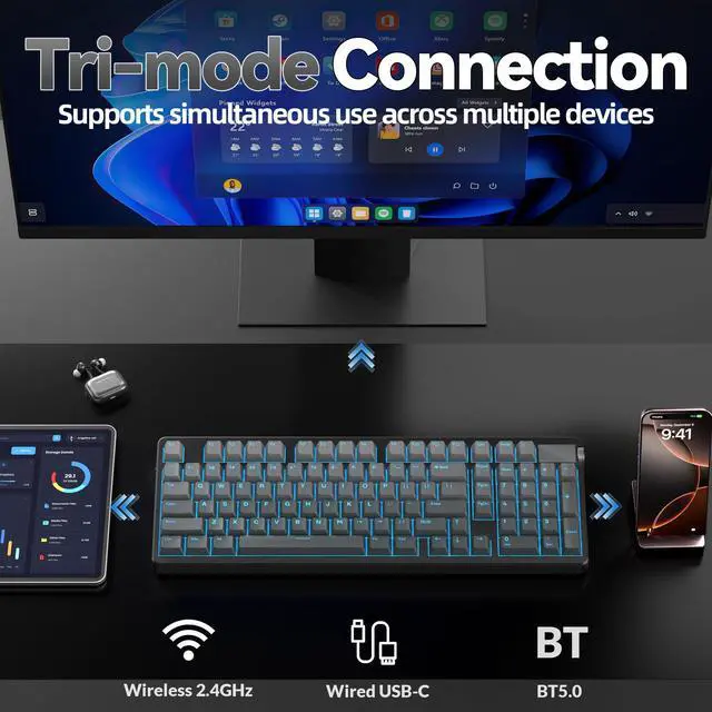 Alt view image 3 of 7 - A98 Wireless Mechanical Keyboard, Tri-Mode BT5.0/2.4GHz/USB-C, Creamy Keyboard with Number Pad, Gasket Structure Hot Swappable, PBT Keycaps, RGB Backlit Black Gaming Keyboard with Knob for PC