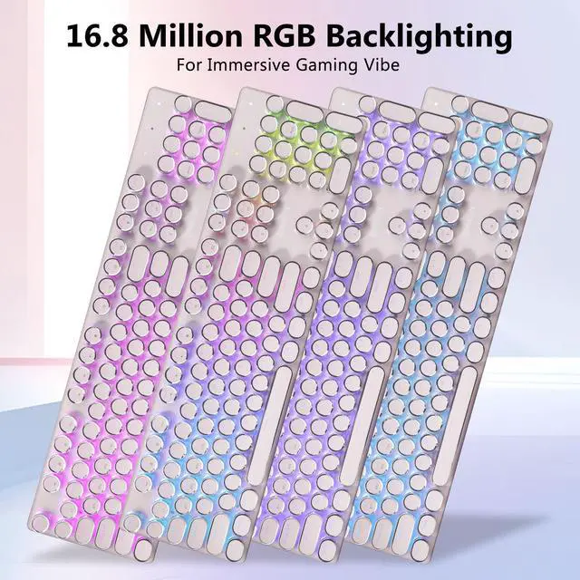 Alt view image 3 of 7 - K710 Wireless Typewriter Mechanical Gaming Keyboard, Bluetooth/2.4Ghz/Wired, RGB Led Backlit, Blue Switch - Clicky, Rechargeable, Solid Metal Panel, Round Keycaps, Pink