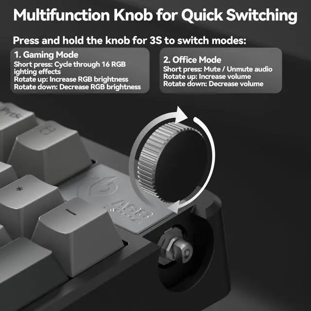 Alt view image 4 of 7 - A98 Wireless Mechanical Keyboard, Tri-Mode BT5.0/2.4GHz/USB-C, Creamy Keyboard with Number Pad, Gasket Structure Hot Swappable, PBT Keycaps, RGB Backlit Black Gaming Keyboard with Knob for PC