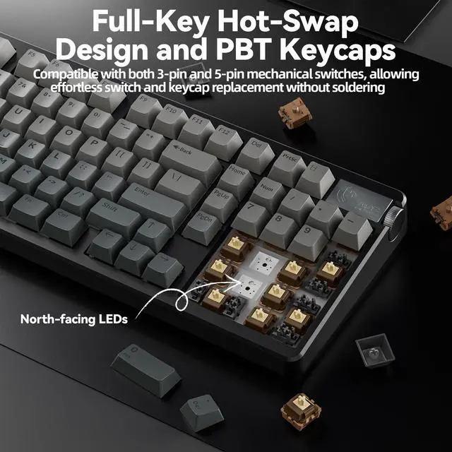 Alt view image 5 of 7 - A98 Wireless Mechanical Keyboard, Tri-Mode BT5.0/2.4GHz/USB-C, Creamy Keyboard with Number Pad, Gasket Structure Hot Swappable, PBT Keycaps, RGB Backlit Black Gaming Keyboard with Knob for PC