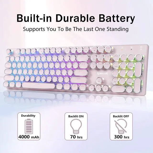 Alt view image 4 of 7 - K710 Wireless Typewriter Mechanical Gaming Keyboard, Bluetooth/2.4Ghz/Wired, RGB Led Backlit, Blue Switch - Clicky, Rechargeable, Solid Metal Panel, Round Keycaps, Pink