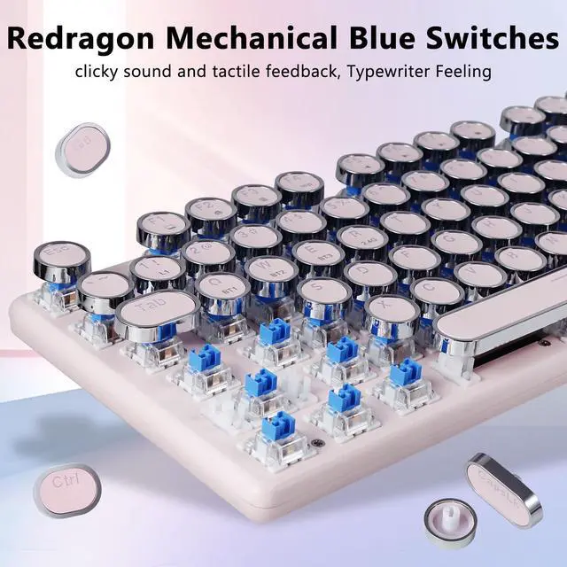 Alt view image 6 of 7 - K710 Wireless Typewriter Mechanical Gaming Keyboard, Bluetooth/2.4Ghz/Wired, RGB Led Backlit, Blue Switch - Clicky, Rechargeable, Solid Metal Panel, Round Keycaps, Pink