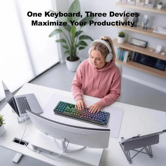 Alt view image 7 of 7 - Computer Backlit Keyboard Black Crystal - Full-Size Bluetooth Wireless Rechargeable Transparent Keycap Portable Keyboards Compatible with Windows, Laptop, PC, Desktop