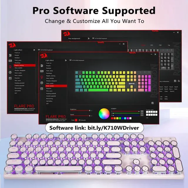 Alt view image 7 of 7 - K710 Wireless Typewriter Mechanical Gaming Keyboard, Bluetooth/2.4Ghz/Wired, RGB Led Backlit, Blue Switch - Clicky, Rechargeable, Solid Metal Panel, Round Keycaps, Pink