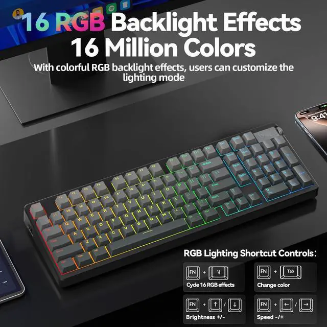Alt view image 7 of 7 - A98 Wireless Mechanical Keyboard, Tri-Mode BT5.0/2.4GHz/USB-C, Creamy Keyboard with Number Pad, Gasket Structure Hot Swappable, PBT Keycaps, RGB Backlit Black Gaming Keyboard with Knob for PC