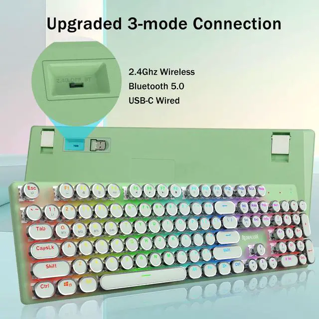 Alt view image 2 of 7 - K710 Wireless Typewriter Mechanical Gaming Keyboard, Bluetooth/2.4Ghz/Wired, RGB Led Backlit, Blue Switch - Clicky, Rechargeable, Solid Metal Panel, Round Keycaps, Green