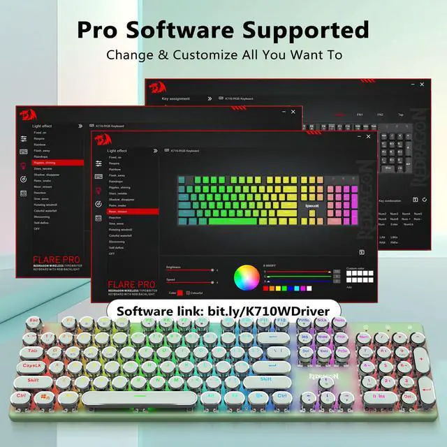 Alt view image 6 of 7 - K710 Wireless Typewriter Mechanical Gaming Keyboard, Bluetooth/2.4Ghz/Wired, RGB Led Backlit, Blue Switch - Clicky, Rechargeable, Solid Metal Panel, Round Keycaps, Green