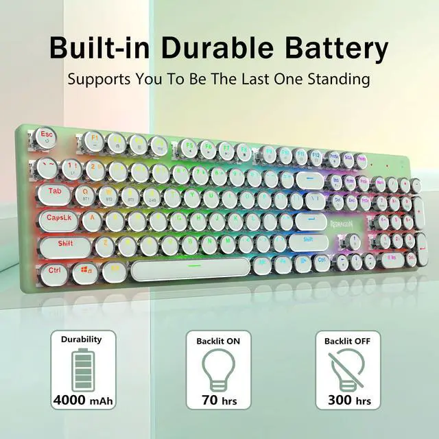 Alt view image 5 of 7 - K710 Wireless Typewriter Mechanical Gaming Keyboard, Bluetooth/2.4Ghz/Wired, RGB Led Backlit, Blue Switch - Clicky, Rechargeable, Solid Metal Panel, Round Keycaps, Green