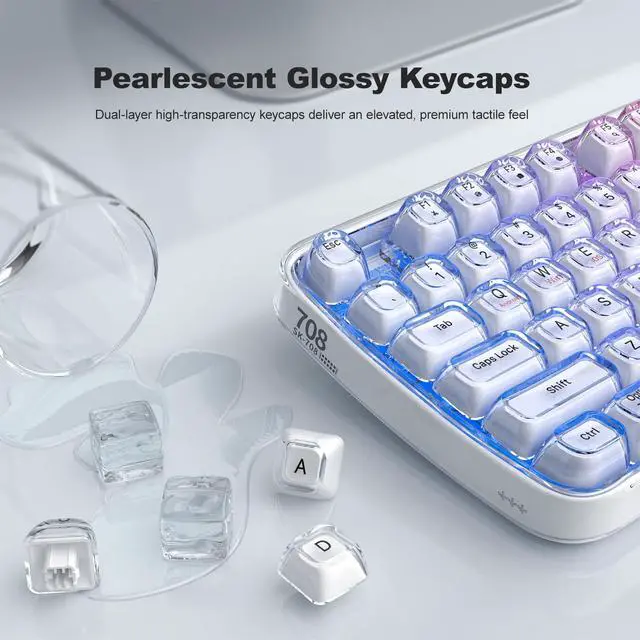 Alt view image 2 of 7 - Computer Backlit Keyboard White Crystal - Full-Size Bluetooth Wireless Rechargeable Transparent Keycap Portable Keyboards Compatible with Windows, Laptop, PC, Desktop