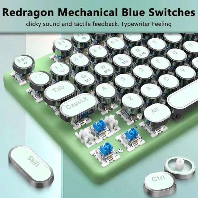 Alt view image 7 of 7 - K710 Wireless Typewriter Mechanical Gaming Keyboard, Bluetooth/2.4Ghz/Wired, RGB Led Backlit, Blue Switch - Clicky, Rechargeable, Solid Metal Panel, Round Keycaps, Green