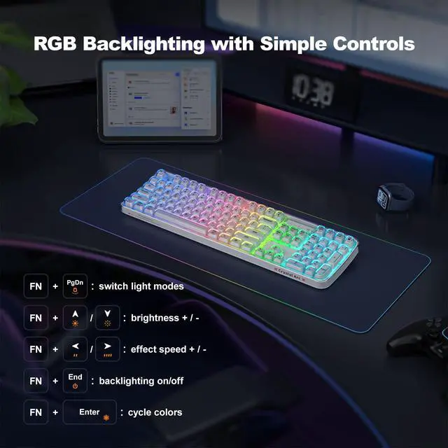 Alt view image 6 of 7 - Computer Backlit Keyboard White Crystal - Full-Size Bluetooth Wireless Rechargeable Transparent Keycap Portable Keyboards Compatible with Windows, Laptop, PC, Desktop