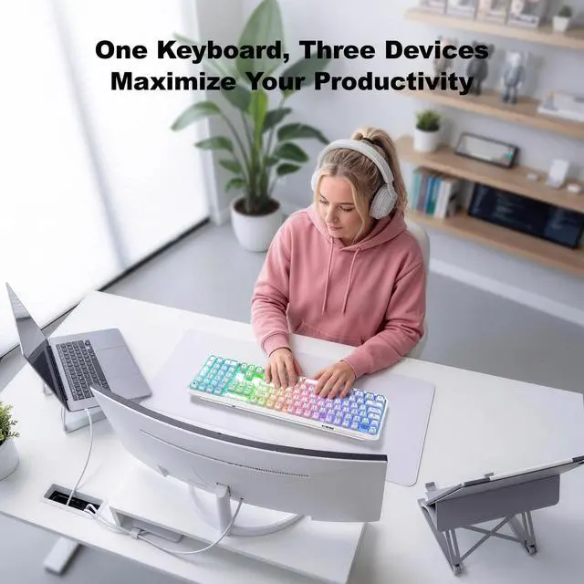 Alt view image 7 of 7 - Computer Backlit Keyboard White Crystal - Full-Size Bluetooth Wireless Rechargeable Transparent Keycap Portable Keyboards Compatible with Windows, Laptop, PC, Desktop