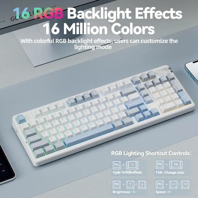 Alt view image 7 of 7 - A98-96% Mechanical Keyboard Wireless, Tri-Mode BT5.0/2.4GHz/USB-C, Creamy Keyboard with Number Pad, Gasket Structure Hot Swappable, Custom Gaming Keyboard RGB Backlit with Knob for PC