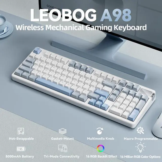 Alt view image 2 of 7 - A98-96% Mechanical Keyboard Wireless, Tri-Mode BT5.0/2.4GHz/USB-C, Creamy Keyboard with Number Pad, Gasket Structure Hot Swappable, Custom Gaming Keyboard RGB Backlit with Knob for PC