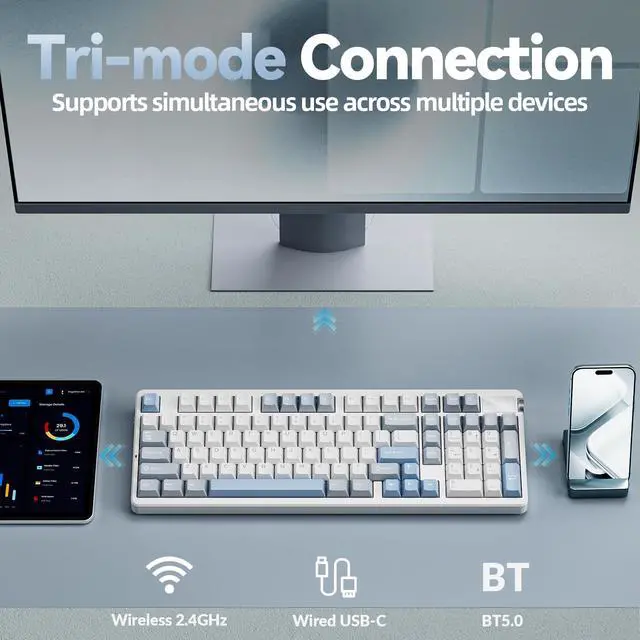 Alt view image 3 of 7 - A98-96% Mechanical Keyboard Wireless, Tri-Mode BT5.0/2.4GHz/USB-C, Creamy Keyboard with Number Pad, Gasket Structure Hot Swappable, Custom Gaming Keyboard RGB Backlit with Knob for PC
