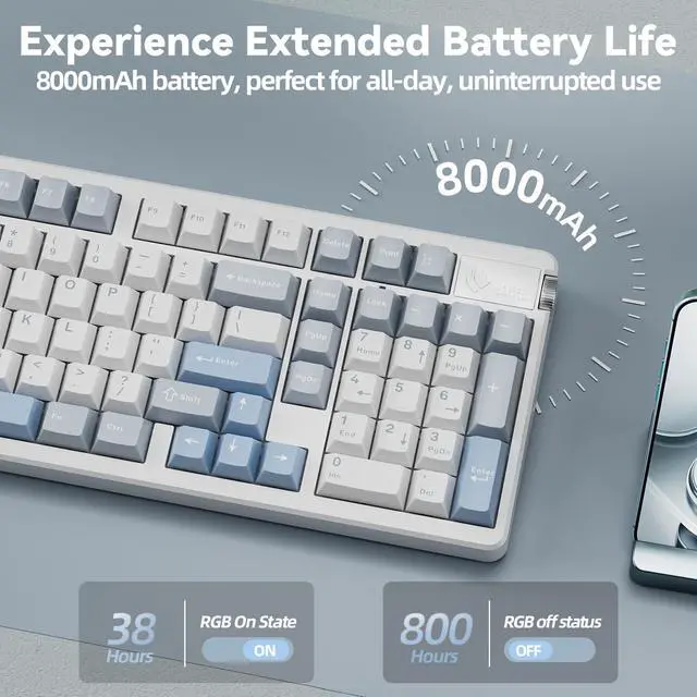 Alt view image 4 of 7 - A98-96% Mechanical Keyboard Wireless, Tri-Mode BT5.0/2.4GHz/USB-C, Creamy Keyboard with Number Pad, Gasket Structure Hot Swappable, Custom Gaming Keyboard RGB Backlit with Knob for PC