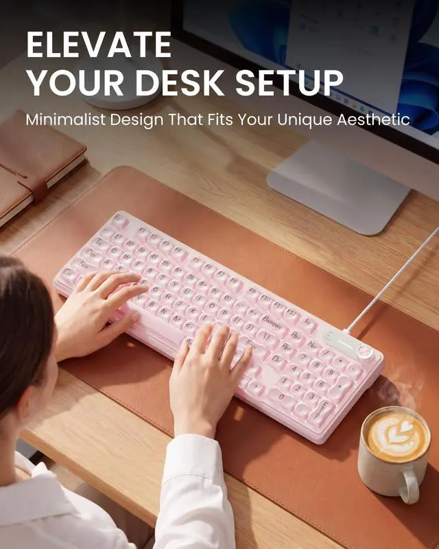Alt view image 7 of 7 - V102 Wired Keyboard, 98 Keys Creamy Gaming Keyboard with Number Pad, Display Screen & Media Knob RGB Silent Wired Cute Computer Keyboard for Laptop PC Gamer - Pink