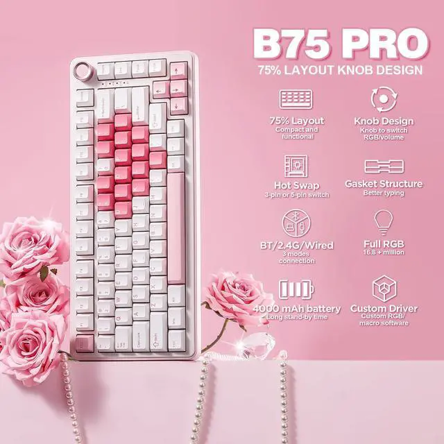 Alt view image 2 of 7 - B75 PRO Wireless Mechanical Keyboard,75% Layout with Knob,Hot Swap Gasket Structure,Creamy Pre-lubed Switches,RGB Backlit,Bluetooth/Type-C/2.4G for Win/Mac (White, Cocoa Cream V2 Switch)