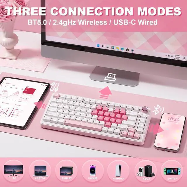 Alt view image 3 of 7 - B75 PRO Wireless Mechanical Keyboard,75% Layout with Knob,Hot Swap Gasket Structure,Creamy Pre-lubed Switches,RGB Backlit,Bluetooth/Type-C/2.4G for Win/Mac (White, Cocoa Cream V2 Switch)
