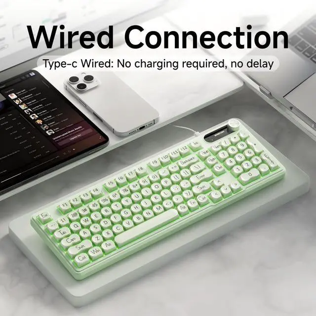 Alt view image 6 of 7 - V102 Wired Keyboard, 98 Keys Creamy Gaming Keyboard with Display Screen, Media Knob RGB Silent Wired Cute Computer Keyboard for Laptop PC Gamer - Green