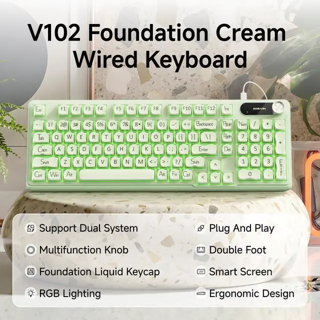 Alt view image 7 of 7 - V102 Wired Keyboard, 98 Keys Creamy Gaming Keyboard with Display Screen, Media Knob RGB Silent Wired Cute Computer Keyboard for Laptop PC Gamer - Green