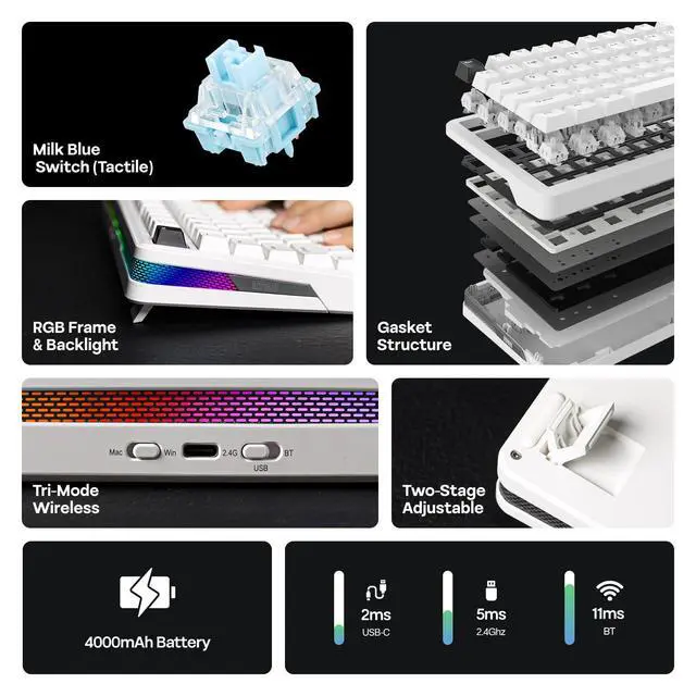 Alt view image 2 of 7 - TH85 QMK/VIA Wireless Gaming Keyboard, BT5.0/2.4GHz/USB-C, Hot Swappable Pre-lubed Custom Milk Blue Tactile Switches, Gasket Creamy Keyboard for PC/Mac/Office/Gaming (White)