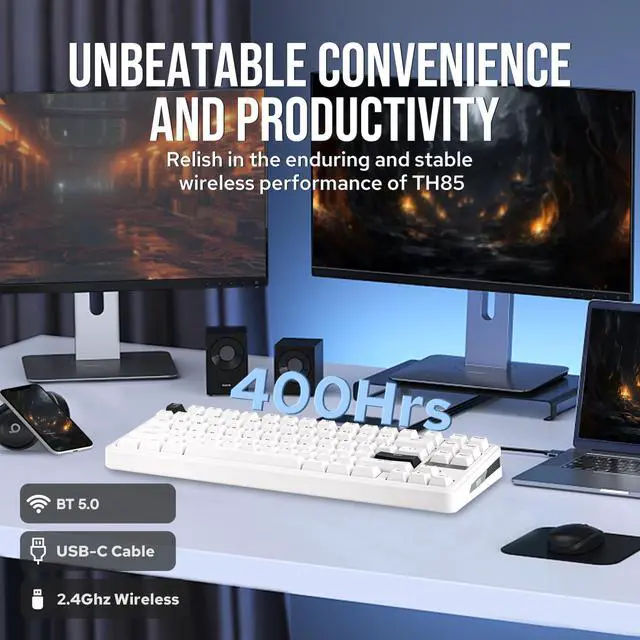 Alt view image 5 of 7 - TH85 QMK/VIA Wireless Gaming Keyboard, BT5.0/2.4GHz/USB-C, Hot Swappable Pre-lubed Custom Milk Blue Tactile Switches, Gasket Creamy Keyboard for PC/Mac/Office/Gaming (White)