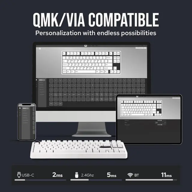 Alt view image 6 of 7 - TH85 QMK/VIA Wireless Gaming Keyboard, BT5.0/2.4GHz/USB-C, Hot Swappable Pre-lubed Custom Milk Blue Tactile Switches, Gasket Creamy Keyboard for PC/Mac/Office/Gaming (White)