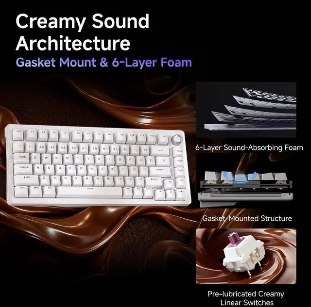 Alt view image 2 of 7 - 75% Mechanical Gaming Keyboard, Hot-Swappable, Pre-Lubed Linear Switches, Gasket-Mount, 6-Layer Dampening Foam, Programmable, Volume Knob, RGB Backlit, Double-Shot Keycaps, Wired, White