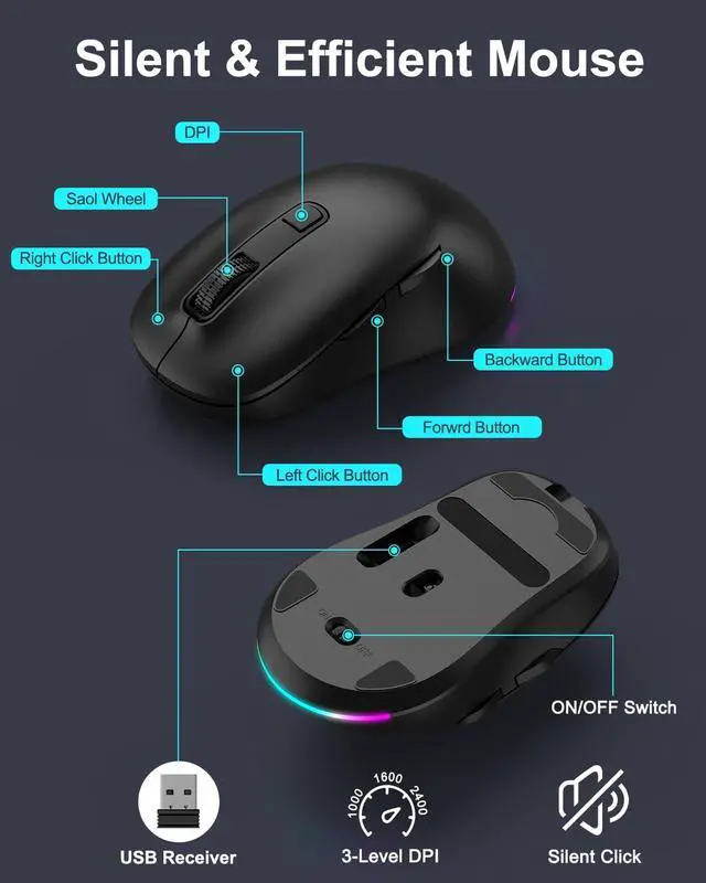 Alt view image 6 of 7 - Wireless Keyboard and Mouse Combo, 10 Backlit Effects, Rechargeable 2.4GHz Silent Full-Size Light Up USB Keyboard with 6 Button RGB Mouse for Laptop, Computer, PC (Black Backlit)