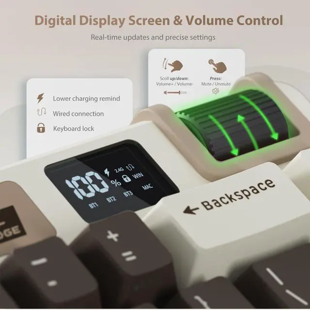 Alt view image 4 of 7 - M70 Wireless Mechanical Keyboard with Macro Keys 2.4GHz/Bluetooth/Wired 75% Gaming Keyboard with 6000mAh Battery Gasket-Mount Display & Knob RGB Hot-Swappable Linear Cream Switch