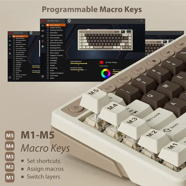 Alt view image 5 of 7 - M70 Wireless Mechanical Keyboard with Macro Keys 2.4GHz/Bluetooth/Wired 75% Gaming Keyboard with 6000mAh Battery Gasket-Mount Display & Knob RGB Hot-Swappable Linear Cream Switch