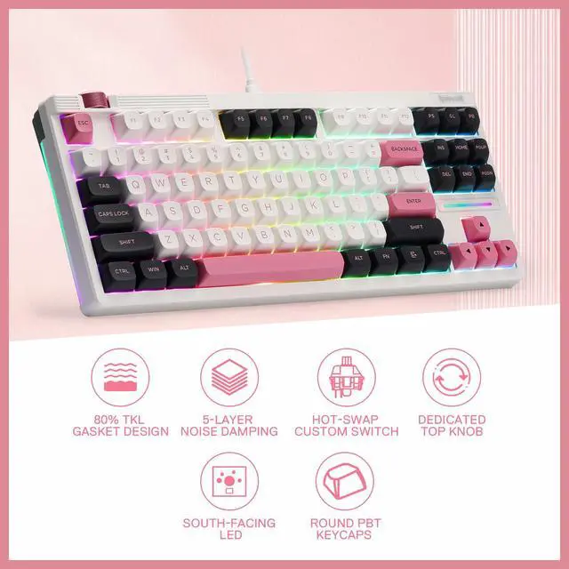 Alt view image 2 of 7 - K729 80% Wired Gasket RGB Gaming Keyboard, 87 Keys TKL Mechanical Keyboard w/Knob Control, Mix-Color PBT Keycaps, Hot-Swap South-Facing Socket & 5-Layer Dampener, Custom Linear Switch