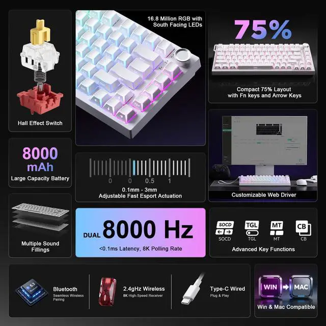 Alt view image 2 of 7 - RT75 PRO Wireless Gaming Keyboard,Hall Effect Mechanical Rapid Trigger Magnetic Keyboard Bluetooth/USB-C/2.4G 8KHz Polling Rate,RGB Backlit,TGL/SOCD/DKS/MT (White, Red Switch)