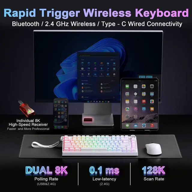 Alt view image 3 of 7 - RT75 PRO Wireless Gaming Keyboard,Hall Effect Mechanical Rapid Trigger Magnetic Keyboard Bluetooth/USB-C/2.4G 8KHz Polling Rate,RGB Backlit,TGL/SOCD/DKS/MT (White, Red Switch)