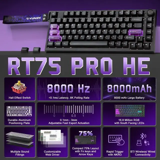 Alt view image 2 of 7 - RT75 PRO Wireless Gaming Keyboard,Hall Effect Mechanical Rapid Trigger Magnetic Keyboard Bluetooth/USB-C/2.4G Dual 8KHz Polling Rate &128K Scan,RGB Backlit,TGL/SOCD/DKS/MT (Black,Red Switch)