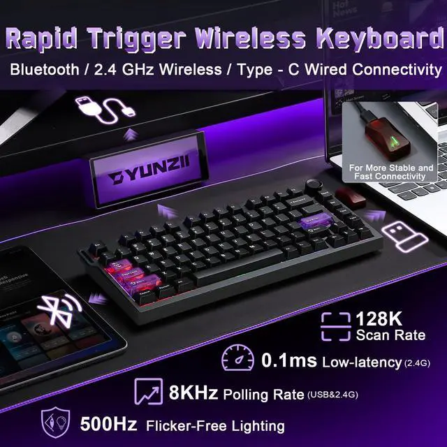 Alt view image 3 of 7 - RT75 PRO Wireless Gaming Keyboard,Hall Effect Mechanical Rapid Trigger Magnetic Keyboard Bluetooth/USB-C/2.4G Dual 8KHz Polling Rate &128K Scan,RGB Backlit,TGL/SOCD/DKS/MT (Black,Red Switch)