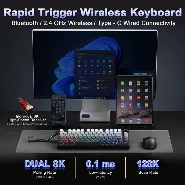Alt view image 3 of 7 - RT75 PRO Wireless Gaming Keyboard,Hall Effect Mechanical Rapid Trigger Magnetic Keyboard Bluetooth/USB-C/2.4G 8KHz Polling Rate,RGB Backlit,TGL/SOCD/DKS/MT (Gradient Black, Red Switch)
