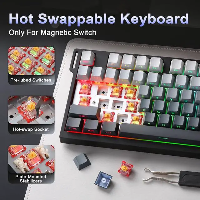 Alt view image 6 of 7 - RT75 PRO Wireless Gaming Keyboard,Hall Effect Mechanical Rapid Trigger Magnetic Keyboard Bluetooth/USB-C/2.4G 8KHz Polling Rate,RGB Backlit,TGL/SOCD/DKS/MT (Gradient Black, Red Switch)