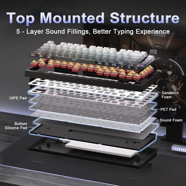 Alt view image 7 of 7 - RT75 PRO Wireless Gaming Keyboard,Hall Effect Mechanical Rapid Trigger Magnetic Keyboard Bluetooth/USB-C/2.4G 8KHz Polling Rate,RGB Backlit,TGL/SOCD/DKS/MT (Gradient Black, Red Switch)