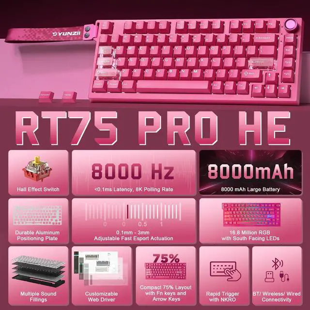 Alt view image 2 of 7 - RT75 PRO Wireless Gaming Keyboard,Hall Effect Mechanical Rapid Trigger Magnetic Keyboard Bluetooth/USB-C/2.4G Dual 8KHz Polling Rate &128K Scan,RGB Backlit,TGL/SOCD/DKS/MT (Pink,Red Switch)