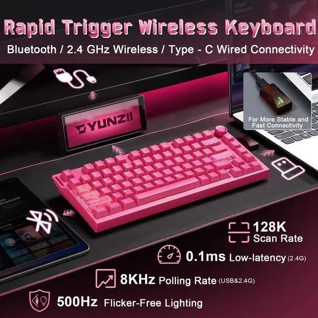 Alt view image 3 of 7 - RT75 PRO Wireless Gaming Keyboard,Hall Effect Mechanical Rapid Trigger Magnetic Keyboard Bluetooth/USB-C/2.4G Dual 8KHz Polling Rate &128K Scan,RGB Backlit,TGL/SOCD/DKS/MT (Pink,Red Switch)