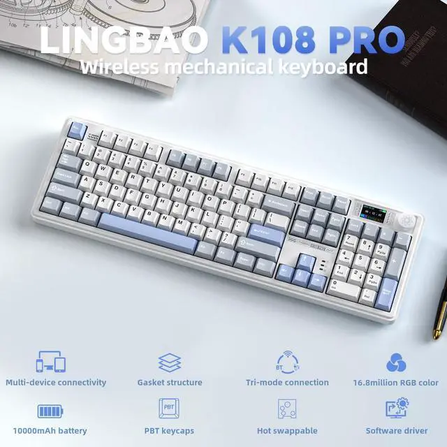 Alt view image 2 of 7 - K108 Pro Wireless Mechanical Keyboard with Screen & Knob, Full Size Creamy Keyboard with Number Pad, 10000mAh Battery, PBT Keycaps, RGB Backlit, Hot-swappable Gaming Keyboards