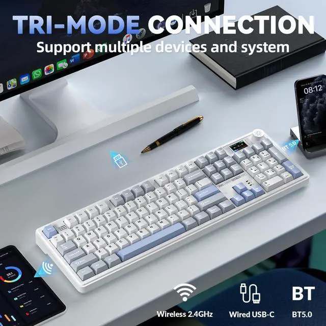 Alt view image 3 of 7 - K108 Pro Wireless Mechanical Keyboard with Screen & Knob, Full Size Creamy Keyboard with Number Pad, 10000mAh Battery, PBT Keycaps, RGB Backlit, Hot-swappable Gaming Keyboards